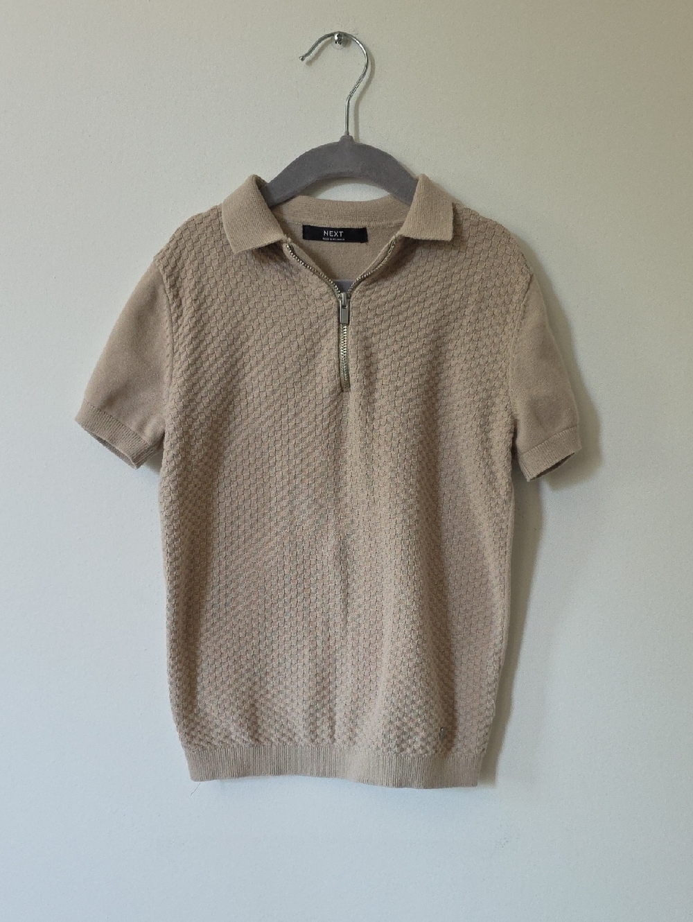 Next Beige Textured Half-Zip Polo Top, Size 7